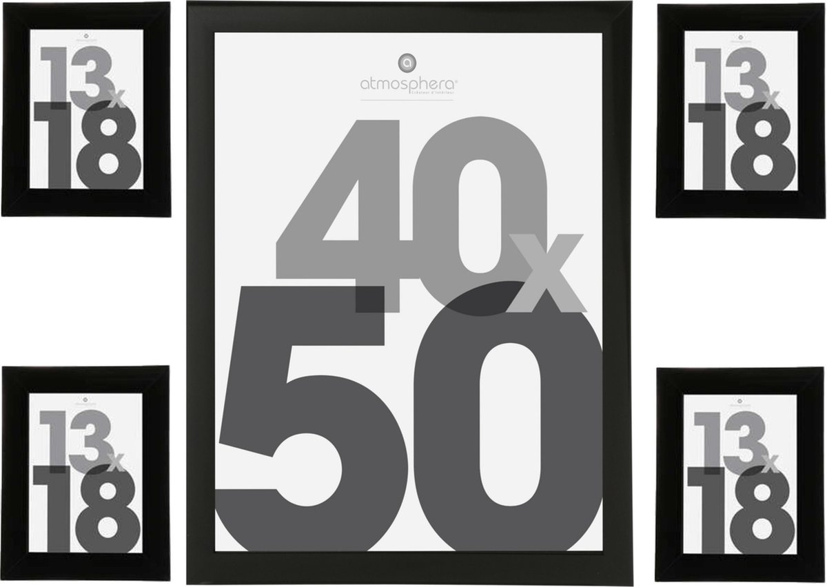 Atmosphera Fotolijstjes set Olympus - 5x stuks - zwart frame - Kunststof/glas - in 2 formaten - 40x50 cm en 13x18 cm