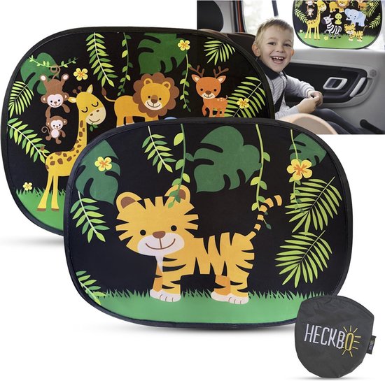 Auto Zonneklep - Jungle dieren - 8 zuignappen - Set 2 stuks - 44x36 cm