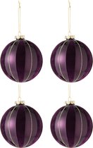 J-Line Kerstballen - glas & fluweel - paars & goud - 4 stuks - kerstboomversiering
