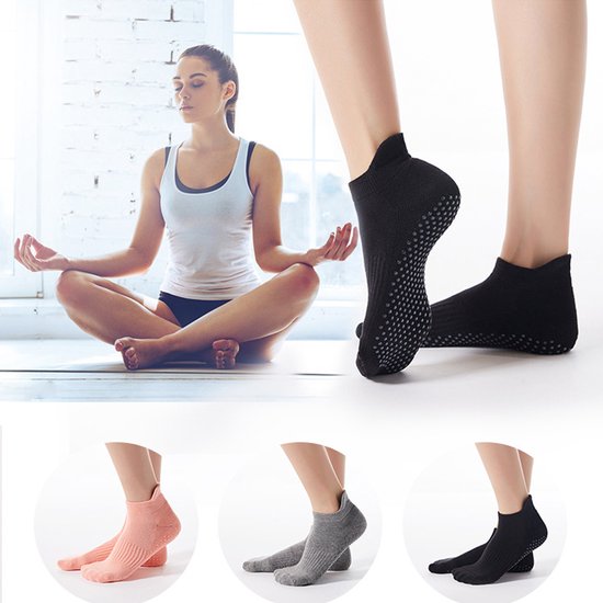 Yoga Sokken Antislip Dames Set - 3 Paar - Enkelsokken voor Pilates - Sportsokken met Extra Grip - Zwart, Grijs & Roze