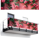 Balkonscherm 500x130 cm - Balkonposter Roze - Bloemen - Rozen - Bladeren - Balkon scherm decoratie - Balkonschermen - Balkondoek zonnescherm