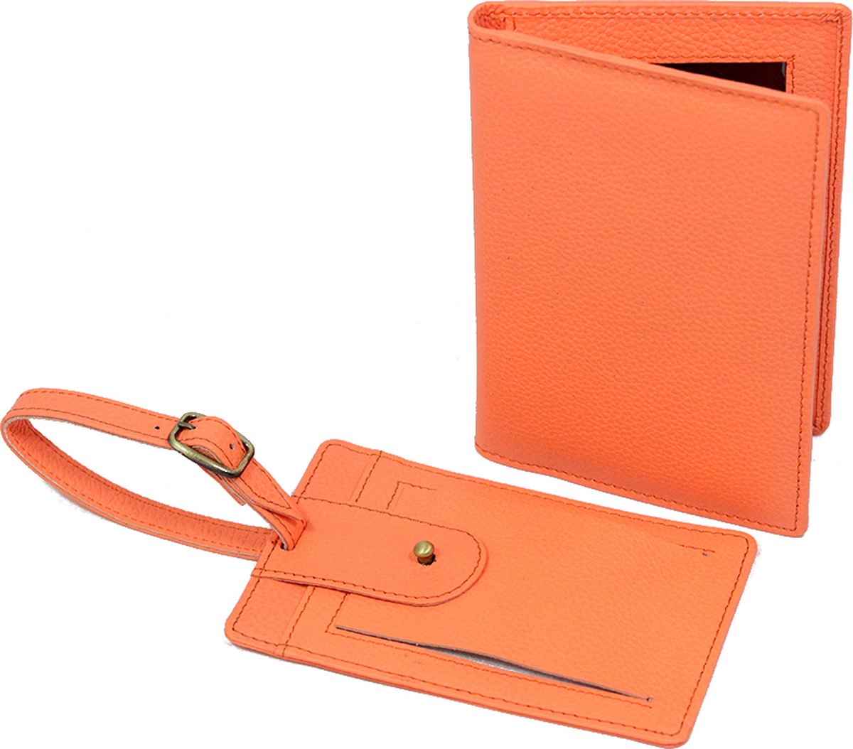 Lederen paspoorthoes en kofferlabel fel oranje - Feloranje luxe set paspoort hoesje en bagage label van leer - STUDIO Ivana van der Ende