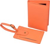 Lederen paspoorthoes en kofferlabel fel oranje - Feloranje luxe set paspoort hoesje en bagage label van leer - STUDIO Ivana van der Ende