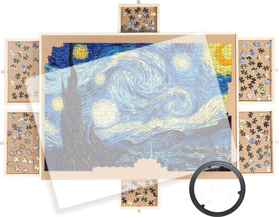 MOZOOSON Puzzelplank, puzzelmat, 1000 stukjes, draagbaar, voor het opbergen van puzzels, met 6 sorteervakken (81 x 56 cm