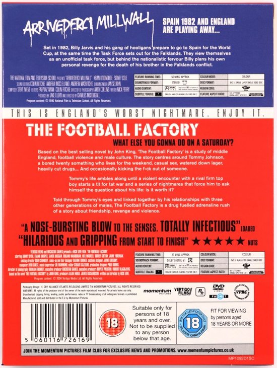 Achterkant van een DVD-hoes met filmbeschrijvingen en logo's voor 'ARRIVEDERCI MILLWALL' en 'THE FOOTBALL FACTORY'.
