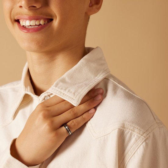 Bague Kinder Lucardi en acier avec 2 bandes noires - Ring - Acier - Argent - 15 / 47 mm