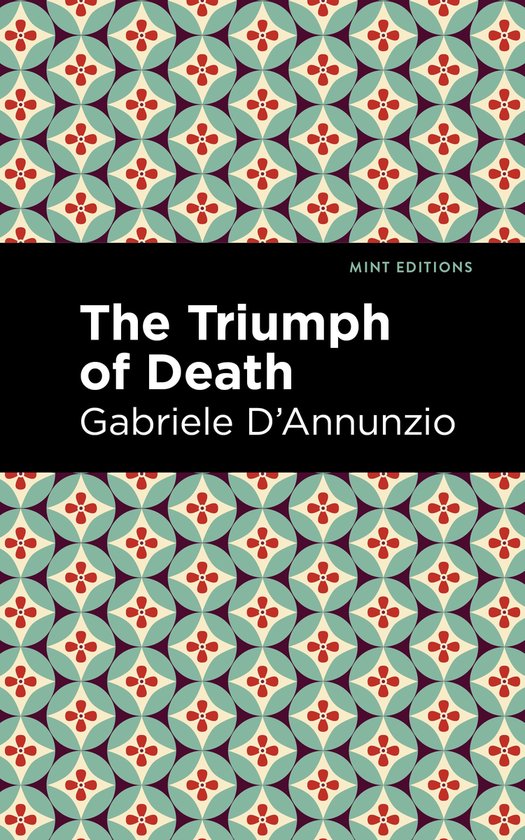 Boek 'The Triumph of Death' van Gabriele D'Annunzio, met een retro patroon van blauwe ruiten met rode bloemen.