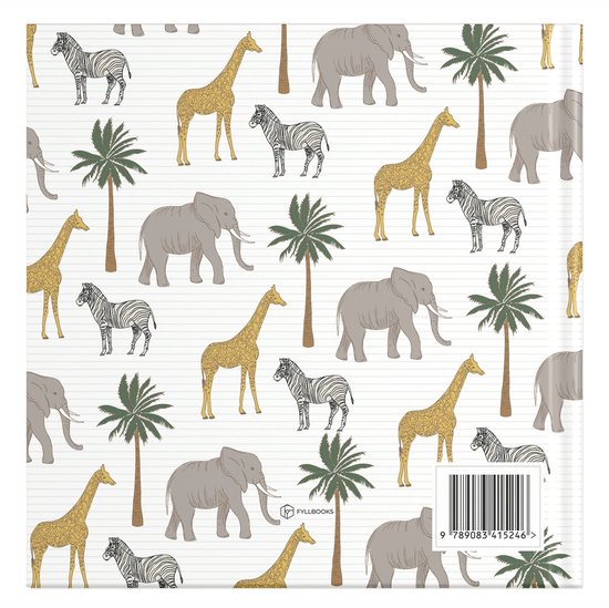Achterkant van een babyinvulboek met jungleprint: olifanten, giraffen, zebra's en palmbomen.