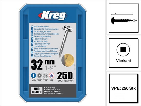 Kreg Pocket boring schroeven met sluitringkop, fijn, 32 mm, #7, zink gecoat, 250 stuks