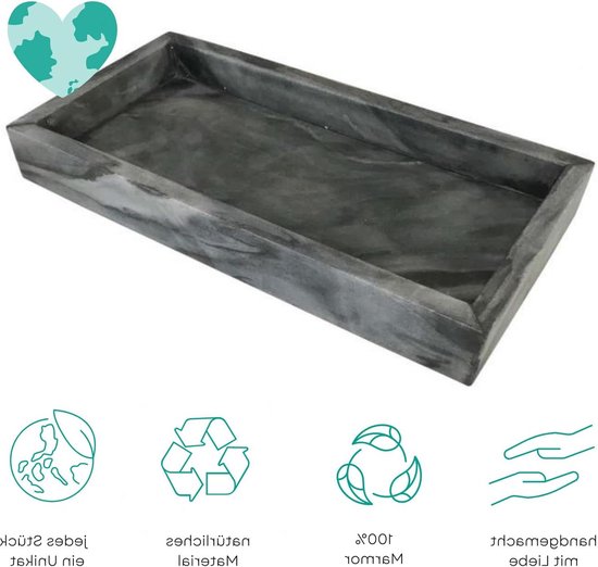 Rechthoekig donkergrijs marmeren dienblad - luxe deco dienblad met marmeren finish marble tray