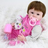 Reborn baby pop in roze pakje, met speen, beertje en fles – Levensecht en hand gemaakt 45cm