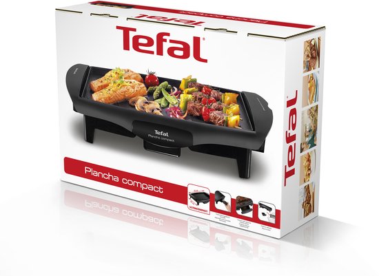 Doos van de Tefal Plancha Compact grillplaat, met afbeeldingen van eten.