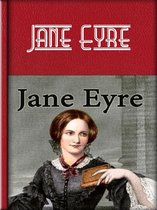 Livre "Jane Eyre" avec une illustration d'une femme aux cheveux bruns portant une robe noire en dentelle, un nœud et un livre à la main.