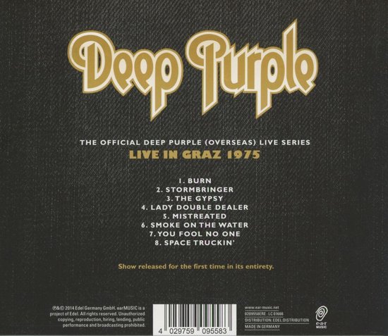Achterkant van de "Deep Purple LIVE IN GRAZ 1975"-hoes met de tracklist en de bandnaam.