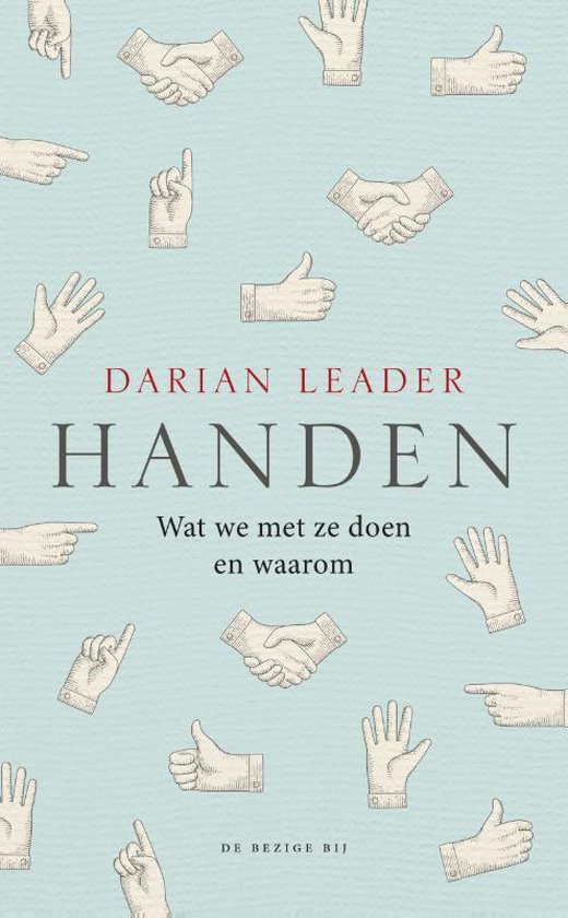 Boekomslag 'Handen' met diverse illustraties van handen, zoals schudden, duim omhoog en wijzen.