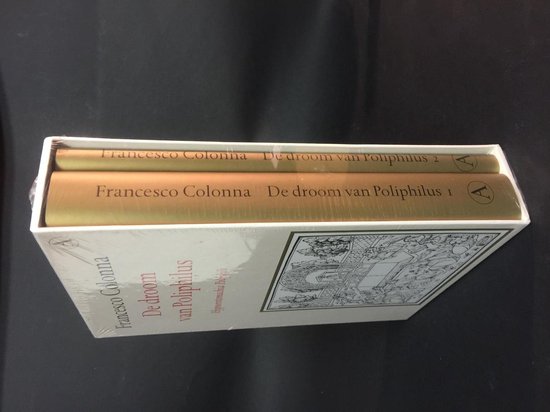 Gouden boeken "Francesco Colonna De droom van Poliphilus 1" en "Francesco Colonna De droom van Poliphilus 2" in een cassette.