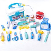 Een dokter set voor kinderen met 25 afzonderlijke stukken en een stevige plastic doos- blauw
