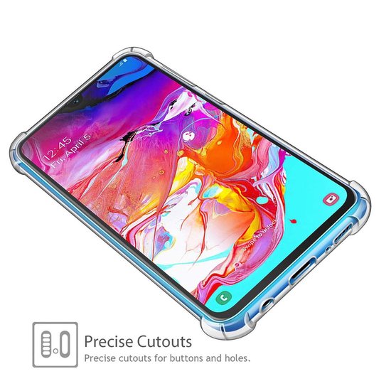Transparante hoes met verstevigde hoeken voor Samsung Galaxy A50/A30s. Telefoonscherm toont '12:45 Fri, April 5' en 'Swipe to unlock'.
