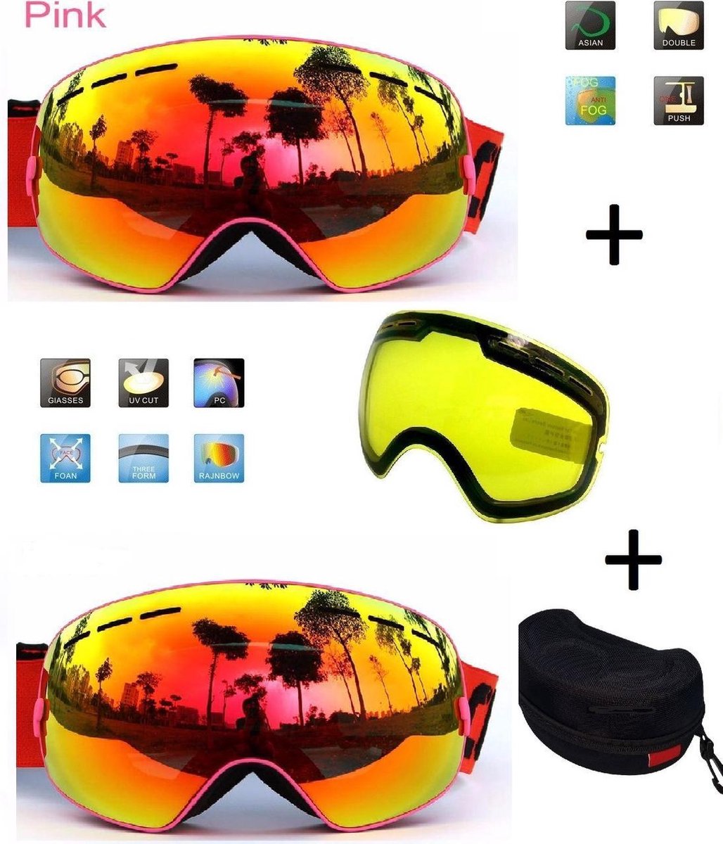 Ski bril met box en EXTRA lens Smoke Red frame Roze F type 10 Cat. 0 tot 4 - ☀/☁