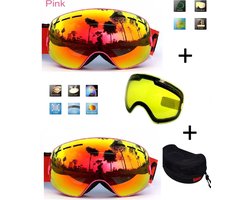 Ski bril met box en EXTRA lens Smoke Red frame Roze F type 10 Cat. 0 tot 4 - ☀/☁