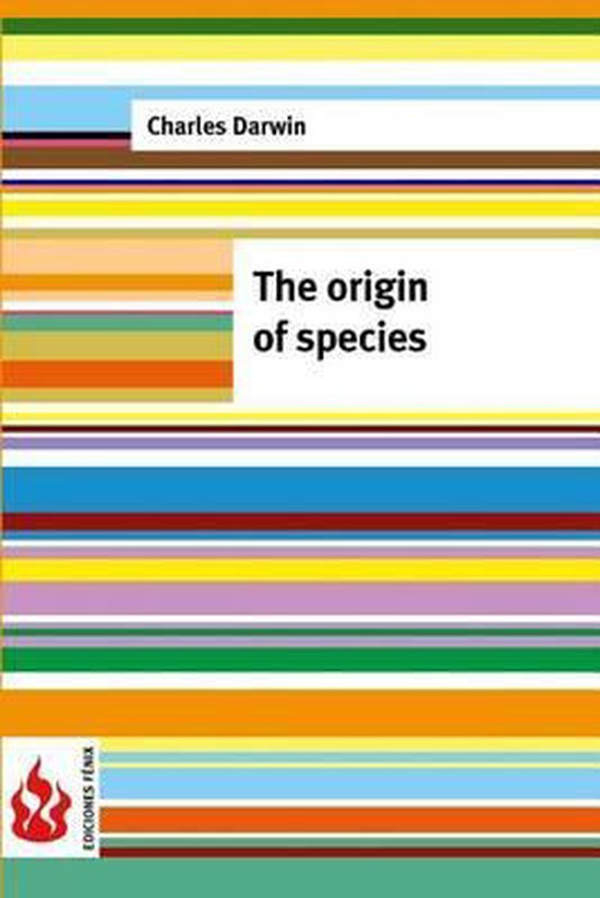 Boek 'The origin of species' van Charles Darwin op een achtergrond met veel gekleurde strepen.