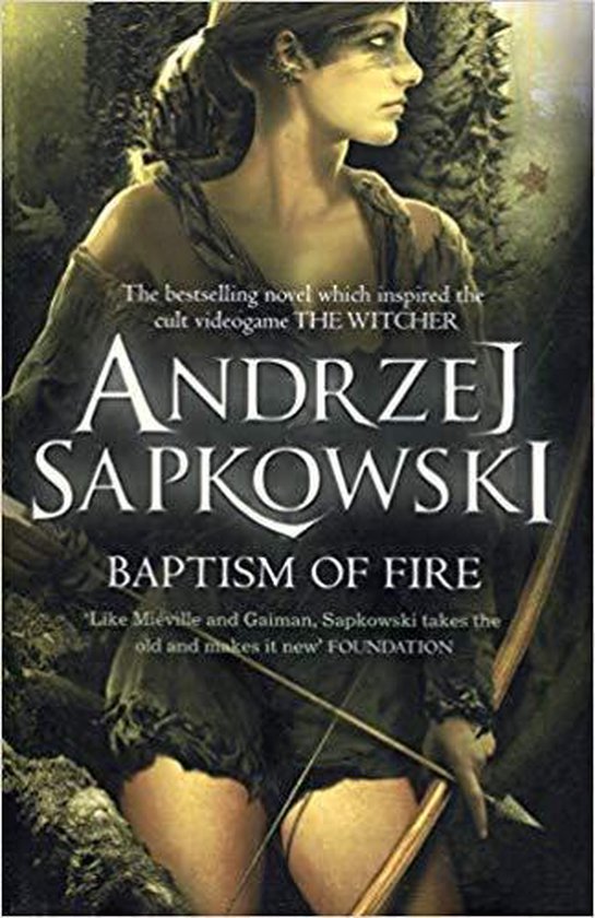 Couverture du livre "Baptism of Fire" d'Andrzej Sapkowski, avec une femme tenant un arc et une flèche.
