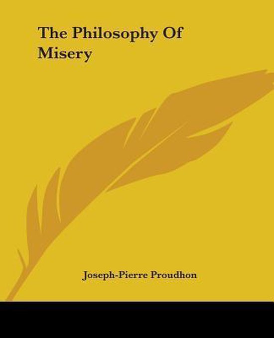 Boek kaft met de titel 'The Philosophy Of Misery' in het geel met een bruine veer.