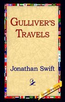 Gulliver's Travels van Jonathan Swift. Kaartachtergrond met vlaggenrand en '1stworldlibrary.org' band.