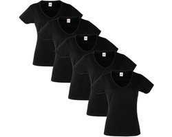 Fruit of the Loom 5x Value Weight Dames V-hals T-shirt Zwart M