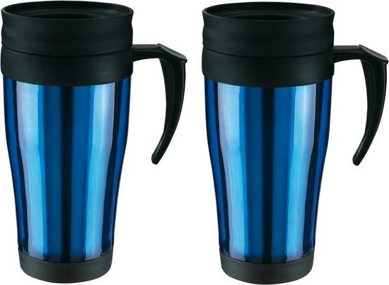 2x Thermosbeker/warmhoudbeker blauw/zwart 400 ml - Thermo koffie/thee bekers dubbelwandig met schroefdop 2 stuks