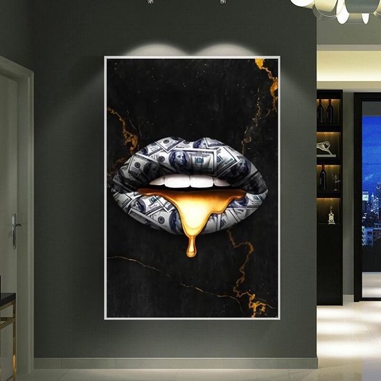 Lippen Money Goud Abstract - Luxe Muurdecoratie Schilderij op Alluminium -  Schilderij... | bol.com