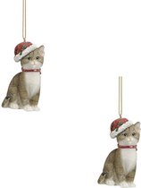 2x Kersthangers grijze katten met kerstmuts 9 cm - kerstboomversiering / kerstornamenten katten