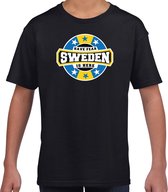 Have fear Sweden is here t-shirt met sterren embleem in de kleuren van de Zweedse vlag - zwart - kids - Zweden supporter / Zweeds elftal fan shirt / EK / WK / kleding 146/152