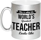 Zilveren Worlds Greatest Teacher cadeau koffiemok / theebeker voor leraar / lerares 330 ml