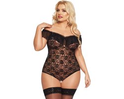 Softline - Kamila - Dames Lingerie Plus Size - Kanten Jurkje - Super Strakke Doorschijnende Chemise - Sexy Kanten Lingerie Set met Bloemen - Grote Maat - Uitdagende Bodystocking - Erotisch Setje - Zwart - XL