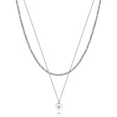 Twice As Nice Halsketting in edelstaal, dubbele ketting, grijze kristallen, ronde hanger met ster en grijs kristal  40 cm+5 cm