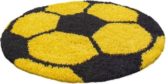 Vloerkleed kinderkamer - Voetbal - geel - rond 100 cm