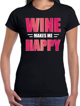 Wine makes me happy / Wijn maakt me vrolijk drank t-shirt zwart voor dames - wijn drink shirt - themafeest / wijnproeverij outfit M