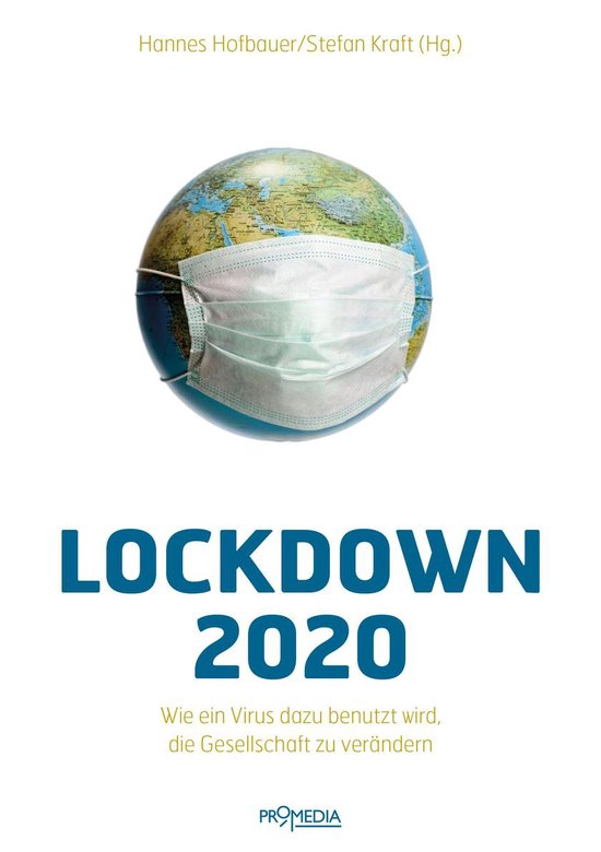 Wereldbol met medisch mondkapje en de tekst "LOCKDOWN 2020".