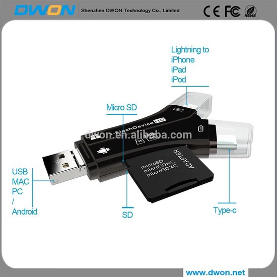 Micro SD-kaartlezer,  4 in 1 externe kaartlezer USB-stick Micro SD & TF Card Reader Adapter-zwart - Flashdevice