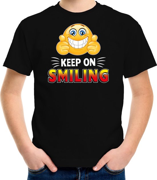 Funny emoticon t-shirt keep on smiling zwart voor kids -  Fun / cadeau shirt 122/128