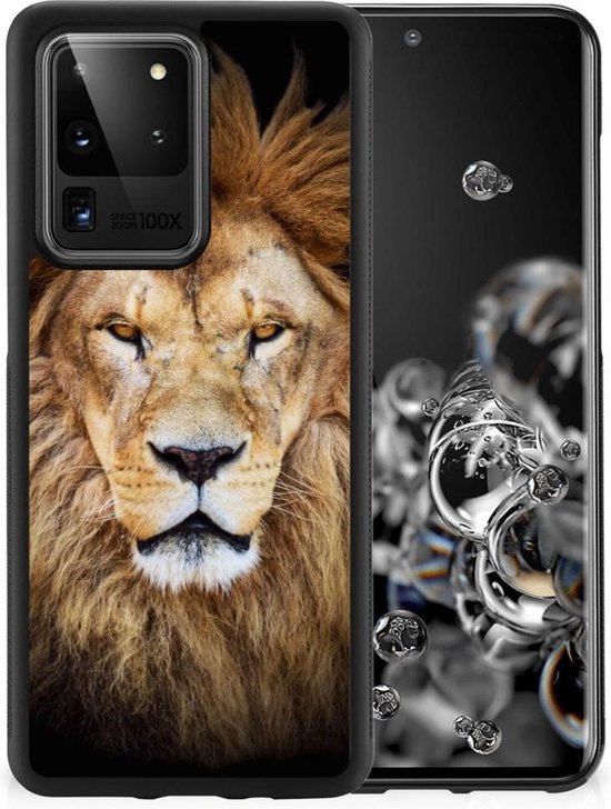 Zwart S20 Ultra hoesje met leeuwenprint, getoond met zijaanzicht van de telefoon.