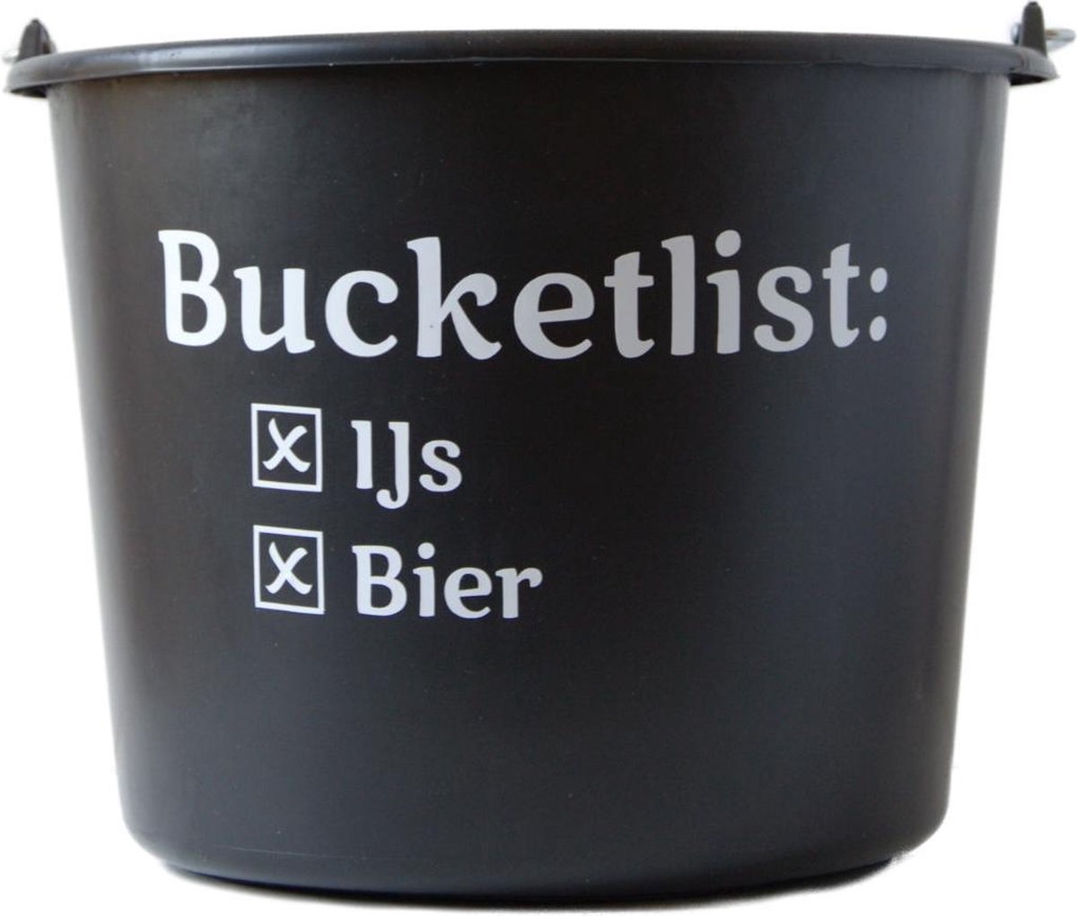 Goedkoopste Cadeau emmer – 12 liter – zwart – met tekst Bucketlist ijs bier
