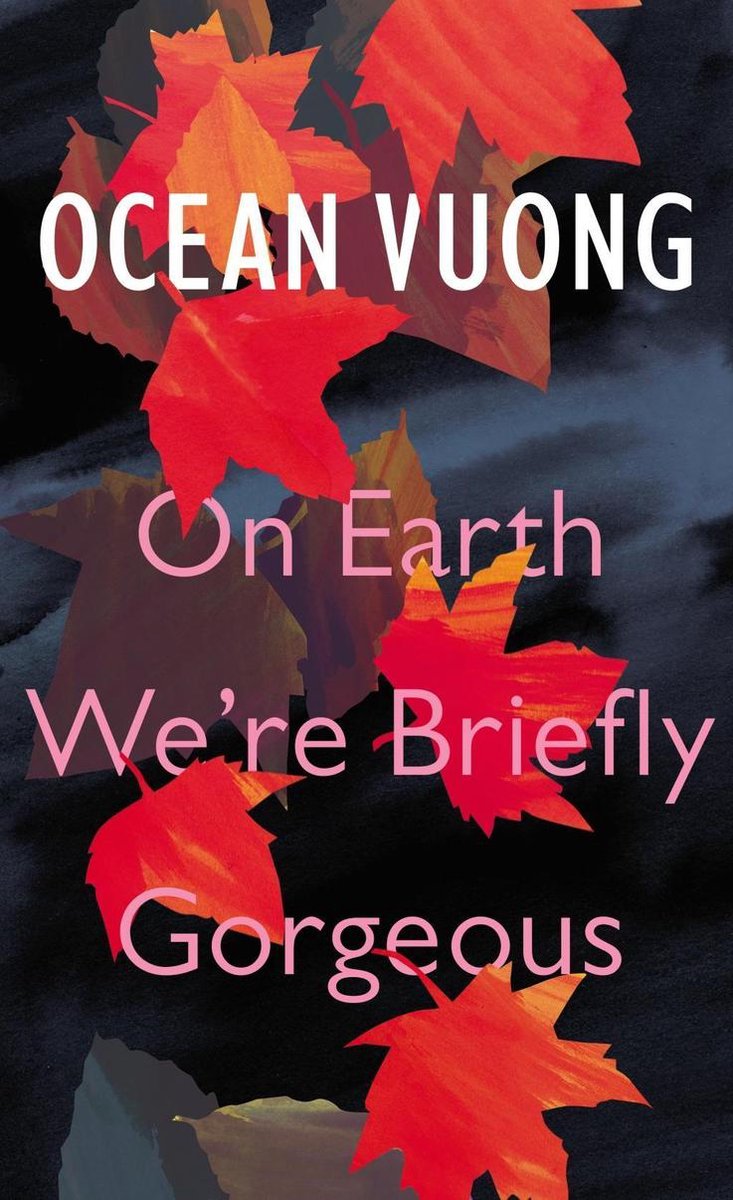 Boekomslag met de titel 'On Earth We're Briefly Gorgeous' van Ocean Vuong, tegen een donkere, wazige achtergrond met rode bladeren.