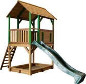 AXI Pumba Speelhuis in Bruin/Groen - Met Verdieping, Zandbak en Groene Glijbaan - Speelhuisje voor de tuin / buiten - FSC hout - Speeltoestel voor kinderen