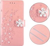 Voor Galaxy A20e Plum Blossom Pattern Diamond Encrusted Leather Case met houder & kaartsleuven & portemonnee (Rose Gold)