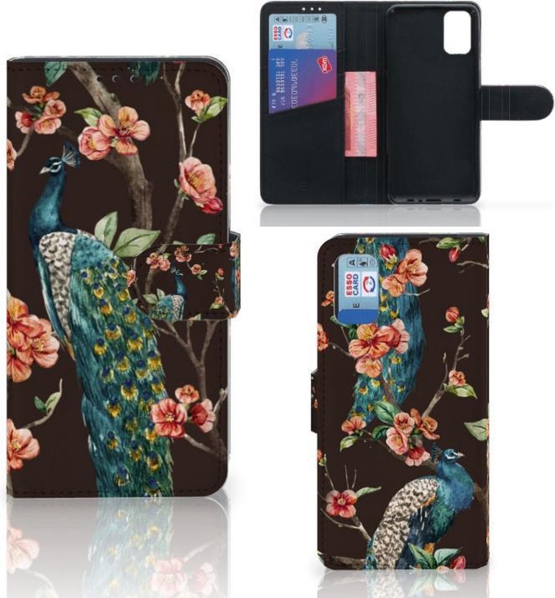 Samsung Galaxy A41 Telefoonhoesje met Pasjes Pauw met Bloemen