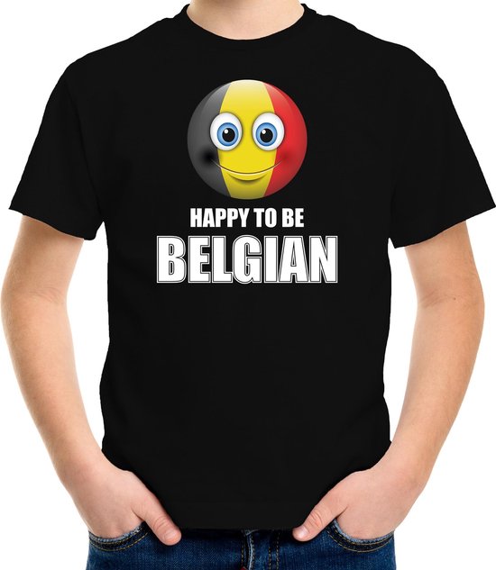 Belgie Happy to be Belgian landen t-shirt met emoticon - zwart - kinderen - Belgie landen shirt met Belgische vlag - EK / WK / Olympische spelen outfit / kleding 110/116