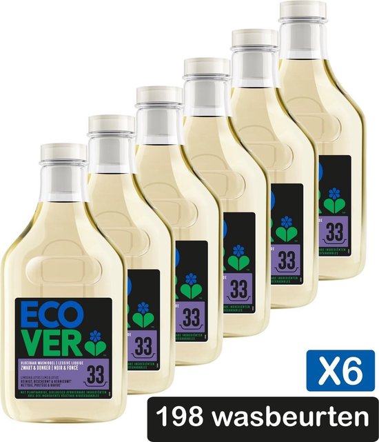Ecover Vloeibaar Wasmiddel Zwart & Donker - Limoen & Lotus - Voordeelverpakking 6 x 1,5 l - 6 x 33 wasbeurten