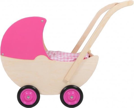 Houten Poppenwagen Roze/Blank